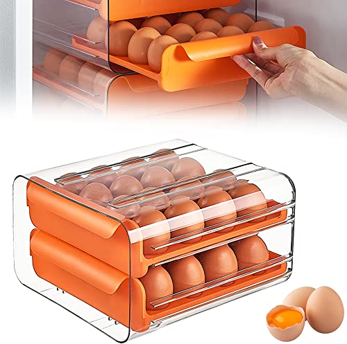 THATSRAD Caja de Huevos para Nevera 32 Rejillas Huevera para Frigorífico Cajón Caja de Almacenamiento para Huevos Bandeja para Huevos Caja Huevos para Refrigerador, Panadería(23,5*21,5*13,5cm/Naranja)