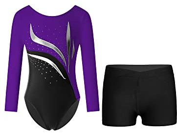 YOOJIA Kinder Mädchen Glitzer Turnanzug Langarm Trikot Leotard Gymnastikbody Tanz Body mit Shorts Kurze Hose Set Wettbewerb Tanzkostüm Lila & Schwarz 134-140