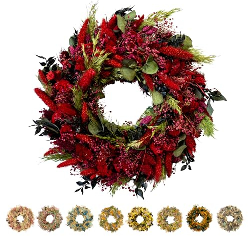 PHILARO Trockenblumenkranz Burgund Ø 30cm - kein Plastik I Trockenblumen Premium Qualität aus Europa I Trockenblumen Kranz für Haustür, Wand und Tisch