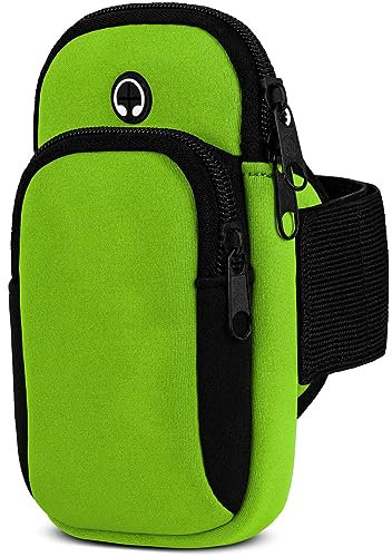 moex Handytasche Joggen für iPhone 15 Pro Sportarmband Handy aus Neopren, Handyhalterung Arm zum Laufen Sport Armband, Laufarmband mit 2 Fächern, Lauftasche Jogging - Grün