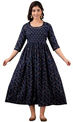 MAGHMA Women's Maternity Cotton Kurti for Feeding Dress with Zip Maxi Night Dress for Women, Navybluebooti, L