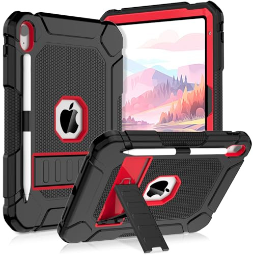 SINSO Case for iPad A16 11th Gen 11/10th Gen 10.9 2025/2022, Black-Red | Fully-Body Heavy Duty Kids iPad Cover, Rugged Shockproof Protective Case, Built in Sturdy Kickstand, Pencil Holder