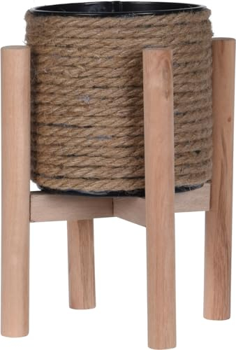 Muddy Hands Jute Plant Pot with Wooden Stand Small Indoor Home Outdoor Garden Decorative Flower Planter Cover Holder Shelf Display