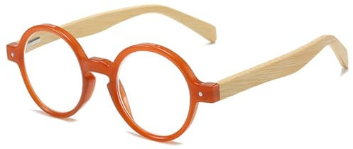 Lanomi Retro Lesebrille Rund Damen Herren Lesehilfe Klein Vintage Holz Bügel Sehhilfe Ohne Blaulichtfilter Brille mit Sehstärke Orange 1.0