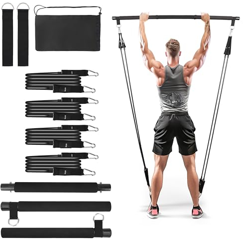 Belle Vous Kit de Entrenamiento en Casa - 1x Barra de Pilates Desmontable y 4X Bandas Elasticas de Musculacion con 2X Agarres y 1x Bolsa - Barras Ligas Cintas de Ejercicio