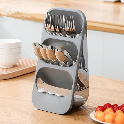 Hosoncovy Countertop Cutlery Drying Holder 3 Tier Cutlery Drainer Tableware Holder Box Tabletop Fork Chopstick Kitchen Storage Cutlery Utensil Organizer (Grey)