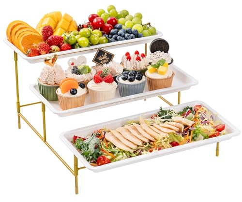 Lifewit Plateau de Service avec 3 Plats, Plateau Repas, Grand Plateau Plastique Rectangulaire 36×17cm, Presentoir Aperitif Buffet, Présentoir à Gâteaux, Panier Fruits, Support en Métal Doré