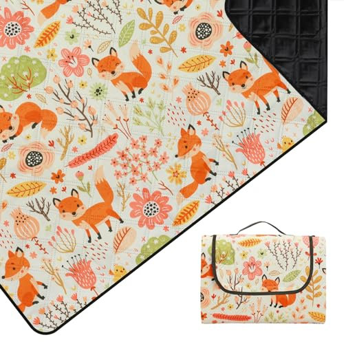 Outplea Kinder Picknickdecke Wasserdicht Faltbar, 200x200cm Tragbare Strandmatte Tier Maschine Waschbar, Große Outdoor Decke für Camping Reisen Wandern, Füchse