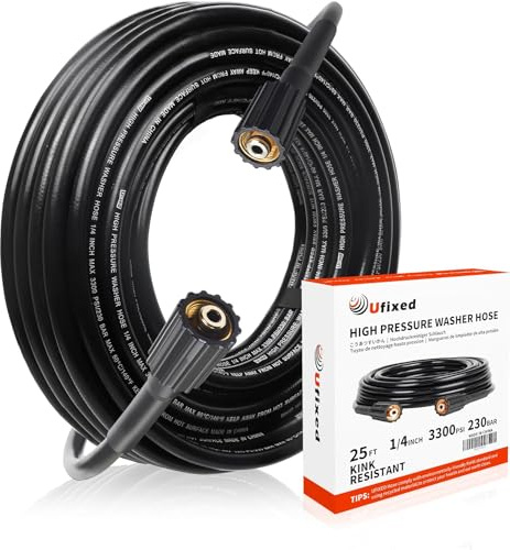 Ufixed Tuyau de nettoyeur haute pression de 0,6 cm 7,6 m M22-14, 3600 psi, connexion rapide, pivotant à 360°, résistant aux nœuds, convient pour nettoyeur haute pression principal, noir