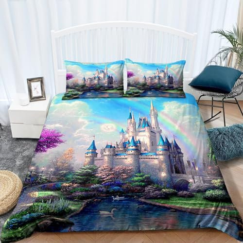 CozyRest Bettwäsche 200 x 200 cm 3 teilig Kinder Bettbezug mit Reißverschluss, Traumschloss Regenbogen Muster Wendebettwäsche Set Drucken Design und Kissenbezug