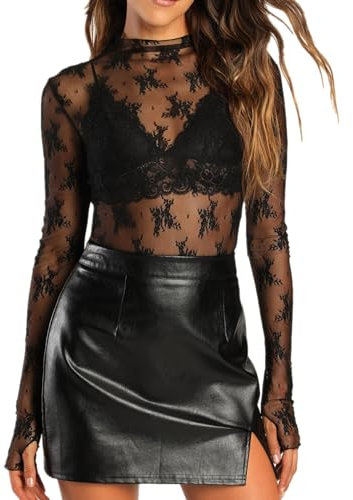 Yassiglia Women's Mesh Long Sleeve Top Mock Neck Slim Sheer Top Lace Floral Blouse for Layering - Y2K Sexy See Through Tops (Black, XL)