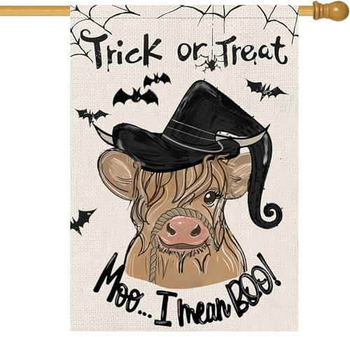 Bandera de Halloween para casa de truco o trato, 28 x 40 pulgadas, doble cara, murciélago de vaca de las tierras altas, banderas de jardín grandes para decoración exterior de jardín, decoración de