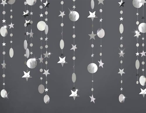 52 Ft Silber Glitzer Papier Circle und Stern Garland,4 Stücke Hängende Runde und Stern Garland für Geburtstag Hochzeit Weihnachten Party Deko
