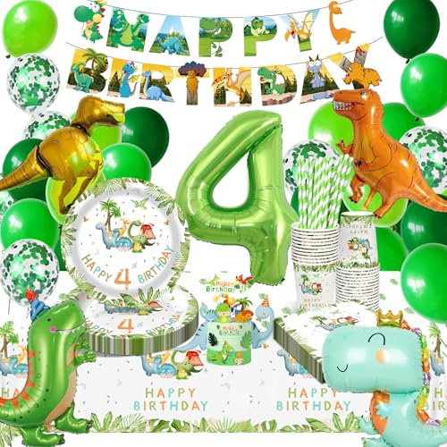 HLEIUKT Vaisselle Anniversaire Dinosaure, Kit Anniversaire Dinosaure Décorations Anniversaire Garcon 4 Ans, Ballon Dinosaure 4 Ans Anniversaire Decoration pour Anniversaire 4 Ans Garçon(16 invités)