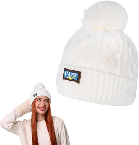 KARELLS Bommelmütze Damen,Strickmütze Damen Winter,Wintermütze,Beanie Strickmütze,Warme Strickmütze,Mütze Winter,Grobstrick Mit Innenfutter,Winter-Mütze mit Fell-Bommel