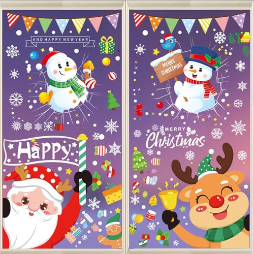 Pegatinas Navidad Ventanas Cristal, 383PCS Reutilizable PVC Navidad para Ventanas Copo de Nieve Pegatina de Ventana, Copos de Nieve Reno Papá Noel Decoración de Ventana para Vidrio