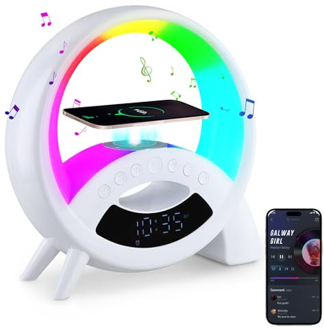 Luqixcey Bedside Lamps with 10W Wireless Charger, Smart Table Lamp Dimmable Ambient Light, LED Desk Lamp with USB Port, Bluetooth Speaker, Alarm Clock, Multi-Colored Night Light for Home Bedroom Dorm