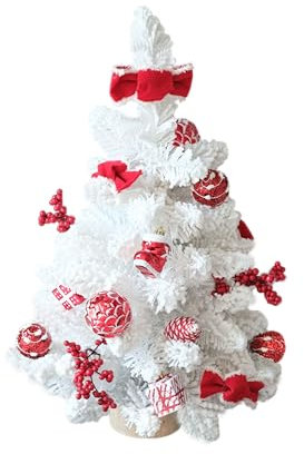 Kleiner Weihnachtsbaum | Weißer Tischweihnachtsbaum & rote Dekorationen | 68 Flauschige, beflockte Bänke mit mittlerem Schnee | Voll | Vordekoriert