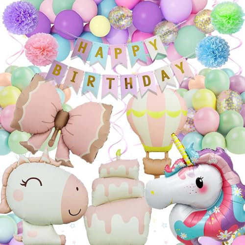 Geburtstagsdeko Mädchen, Deko Luftballons Kinder Geburtstag, Einhorn Kinder Geburtstag Deko, Happy Birthday Geburtstagsdeko mit Happy Birthday Banner, Pompons, Hängewirbel für Mädchen Geburtstags