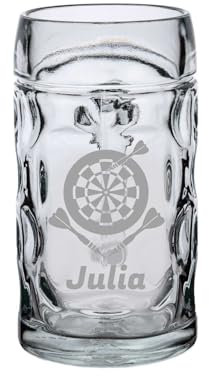 LUXENTU Bierkrug Isar mit personalisierter Gravur, 0,5 Liter, Bierseidel mit Darts-Motiv, Individuelle Lasergravur, Krug mit Augen-Facetten, Geschenk für Dart-Fans, Darts-Volltreffer
