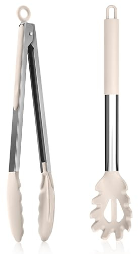 Homikit Edelstahl Spaghettilöffel und Küchenzange, Antihaft-Silikon Spaghetti Server Set, Hitzebeständig Nudellöffel & Kochzange, Pasta Gabel Grillzange Set zum Backen, Kochen und Servieren, Khaki