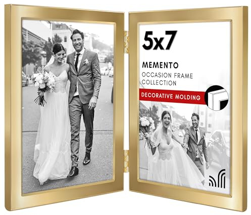 Americanflat Hinged 5x7 Picture Frame with Wide, Beveled Molding and Shatter-Resistant Glass - Modern Metal Picture Frame Displays Two 5x7 Photos - Elegant Photo Frames for Tabletop Display - Gold | Displays two photos side by side or folds to show one, shatter-resistant glass, velvet backing, freestanding for tabletop
