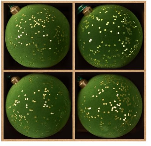DN DECONATION 4 Weihnachtskugeln 10cm, Grüne Flockung Christbaumkugeln | mit Gold Glitzer, Shatterproof Weihnachtsbaumschmuck für Weihnachtsbaum Deko, Fenster, Wohnzimmer, Festtagstisch