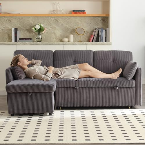 3 Sitzer Modulares Sofa mit Stauraum, Schlafsofa Umwandelbar, L Shaped Modular Couch with Reversible Chaise, Ecksofa mit Liegende Lagerung und kleinen Kissen, 206x51x66-88cm (Samt, Dunkelgrau)
