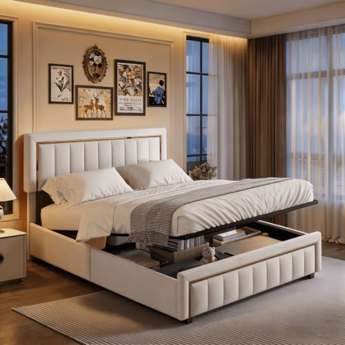 Polsterbett 140 x 190 cm, Doppelbett mit Stauraum, hydraulisch, Kopfteil mit goldenen Kanten, Stauraumbett mit Lattenrost, Funktionsbett für Jugendliche und Erwachsene, Samt (Beige, 140 x 190 cm)