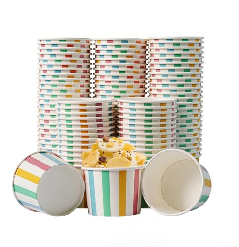 PakTalk Eisbecher Pappe 350ml, 120 Stück, Bunte Streifen | Kompostierbar, Auslaufsicher, Für Eis, Dessert, Joghurt