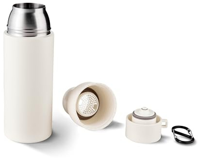 TROIKA Thermoflasche Einhandverschluss INFUSE+ Doppelwand-Isolierung mit Vakuum und 550 ml Fassungsvermögen sowie Doppelkarabiner – 201 Edelstahl, 304 Edelstahl, lebensmittelecht, Kunststoff weiß