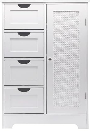 FineBuy schmaler Standschrank mit Schubladen und Tür 55x80 cm – Aufbewahrungsschrank aus MDF Weiß – Kommode mit Rattan Geflecht – Schrank für Flur und Wohnzimmer – Schubladenkommode modern