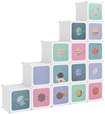 Foknhdi Kinderschrank Modular 155x31,5x154 cm 15 weiße PP Würfel Robustes Stahlrahmen-Regal mit Cartoon Muster leicht aufbaubar viel Stauraum für Kinderzimmer Flur Büro