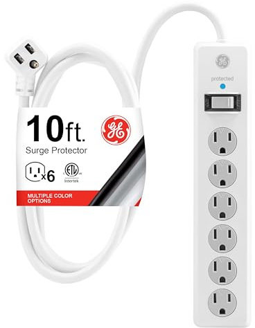 GE 6-Outlet Surge Protector, 10 Ft Extension Cord, Power Strip, 800 Joules, Flat Plug, Twist-to-Close Safety Covers, ETL Listed, White, 14092