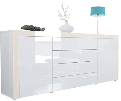 Vladon Sideboard Kommode La Paz, Made in Germany, Korpus in Weiß Hochglanz/Front in Weiß Hochglanz mit Rahmen in Creme Hochglanz