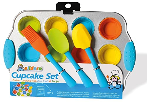 alldoro 61518 - Mini Cupcake Set, 16 teiliges Muffin Förmchen Backset, 12 Silikon Muffinformen und Muffinblech aus Metall, Antihaft Backformen für Cupcakes mit Küchenutensilien, für Kinder ab 5 Jahren