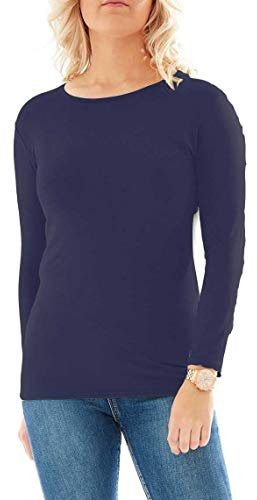 Womens Long Sleeve Stretch Plain Round Scoop Neck T Shirt Top Ladies Fitted Tee (Navy, 12-14)