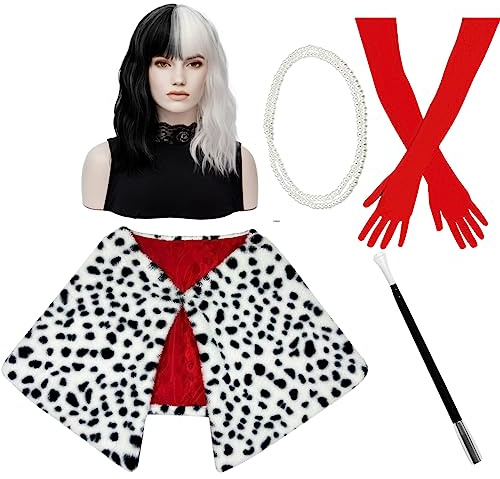 TANTAKO 6 Stück Kurze Schwarze und Weiße Perücke mit Faux Schal, Rote Handschuhe, Kostüm Halter, Perlenkette für Halloween Kostüm Damen