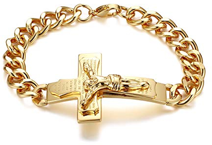 JewelryWe Schmuck Retro Herren Armband Edelstahl Kreuz Rood Jesus Kruzifix Bibel Gebet Englisch Panzerarmband Panzerkette Armkette Gold Ostern Geschenk