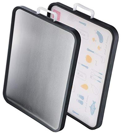 Meiyijia - Planche à découper ménagère antibactérienne en Acier Inoxydable, 39x29x2cm, 2 en 1, Plastique de qualité alimentaire/acier inoxydable 304, bord en caoutchouc antidérapant