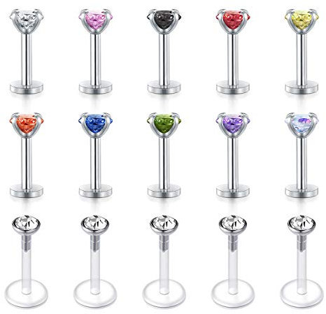 Rajnard 15er 16G 6mm Tragus Helix Piercing Lippenpiercing Stecker Edelstahl & Bioflex mit Diamant Tragus Helix Ohrring Labret Studs Piercing Schmuck