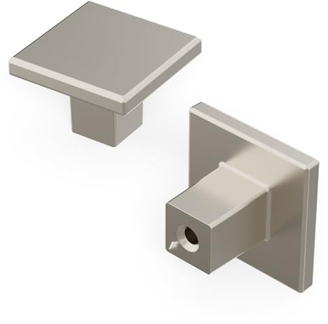 Hickory Hardware 10 Pack of Square Kitchen Cabinet Knobs, Quality Drawer and Dresser Knob, Handle Pulls for Cabinet Doors, Bathroom Drawers, 1-3/16 Inch, Satin Nickel, Essentials Collection