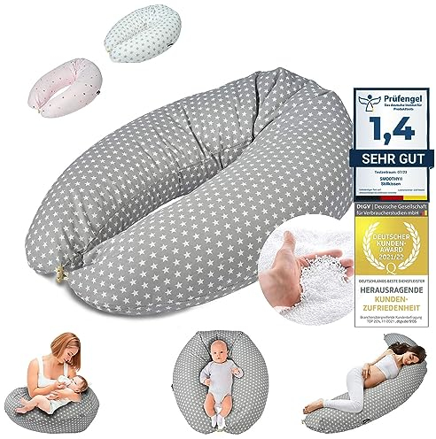 SMOOTHY Coussin d'allaitement Coussin de Grossesse pour Le Sommeil, Le Repos et l'allaitement Coussin de couchette latérale Coussin de positionnement pour la mère et Le bébé (Gris)