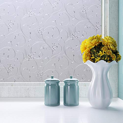 Zindoo Fensterfolie Selbsthaftend Blickdicht Blumenmuster ohne Kleber Milchglasfolie Sichtschutz Folie Dekofolie Anti-UV 90 x 200CM