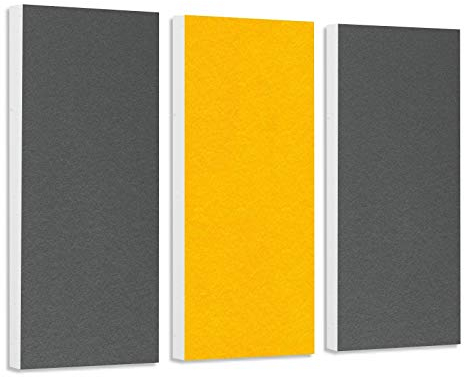 platino24 Schallabsorber COLORE aus Basotec G+ I Akustikpaneele mit Akustikfilz I 3 Wand-Paneele in Granitgrau + Sonnengelb I Akustikplatten zur Schalldämmung in Büro, Studio & Wohnung