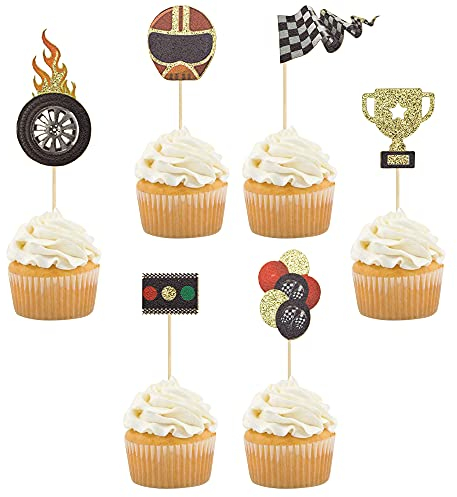 Gyufise 24 Pack Race Car Cupcake Toppers for Boy Birthday Racing Car Theme Trophy Flag Wheel Fruit Picks Party Decoration Let's Go Racing Dessert Toppers…