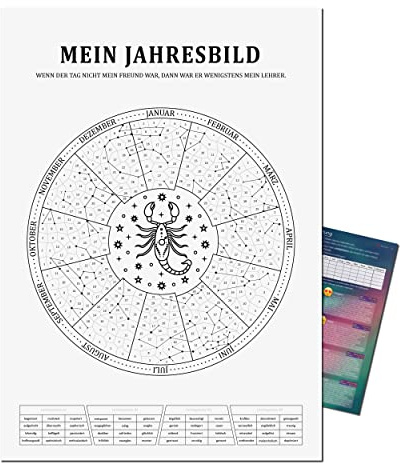 Mein Jahresbild by Presentou | Gestalte dein Jahr als individuelles Bild | inklusive psychologischer Auswertung | Sternzeichen Kalender zum Ausmalen täglicher Stimmungslage (Skorpion A2 (42x59,4cm))