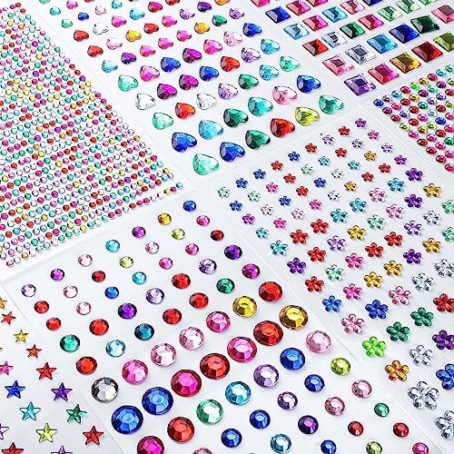 2097 Pcs Stick on Gems, Face Gems Stickers for Crafts, Self-Adhesive Rhinestone Stickers, Multicolored and Assorted Shapes Sticky Gems for DIY Craft Makeup Nail Body Kids Festival (9 Sheets)