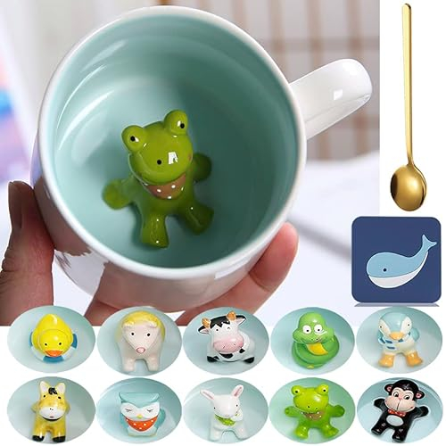 Arawat Frosch Tasse 3D Tier Tassen mit Frosch Figur Innen 350 ml Frog Mug mit Löffel Frosch Geschenk Cute Kaffee Tee Becher Geschenke Frog Cup Geburtstagsgeschenk für Freund Jungen Frauen Männer