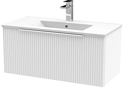 Hudson Reed DFF196B Fluted Modern Bathroom Wall Hung 1 Drawer Vanity Basin Unit with Minimalist Ceramic Basin, 800mm, Satin White